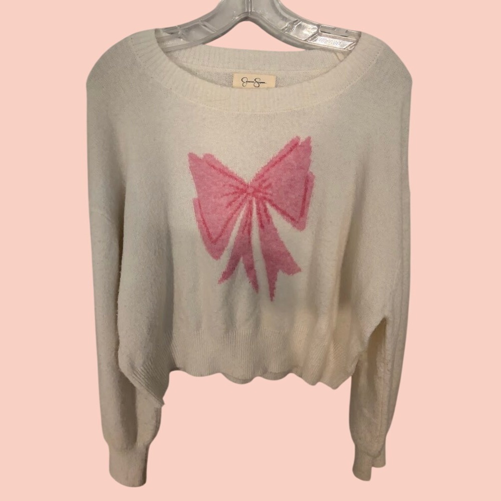 Jessica Simpson Pink‎ Bow Knit Sweater Cream Coquette Pullover XL HO285